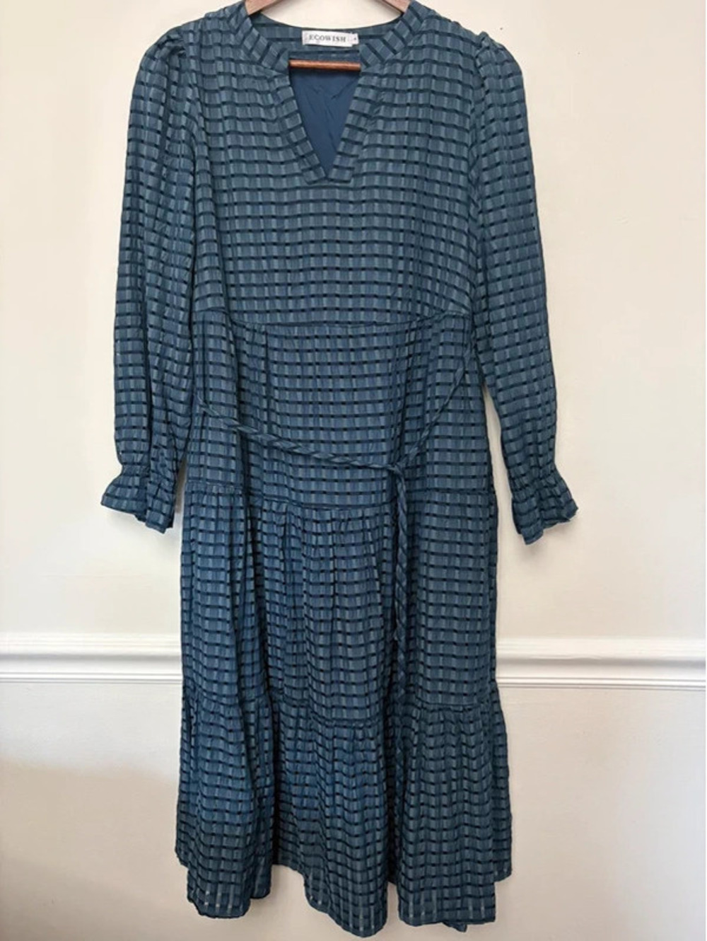 Ecowish Small Blue Textured Check Tiered Midi Dress Long Sleeve Belted